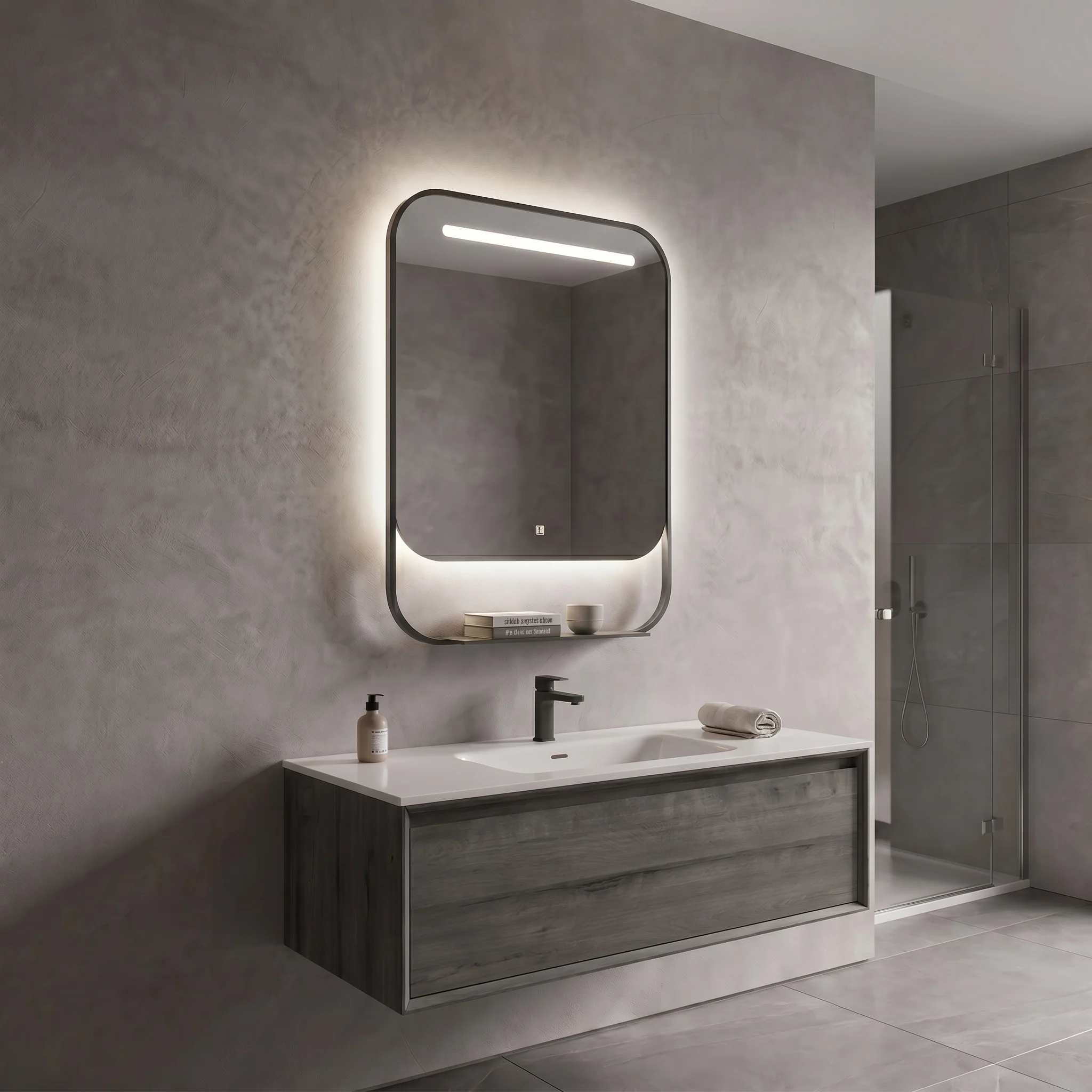 Rourke LED Mirror with Shelf 2 Rourke LED Mirror with Shelf