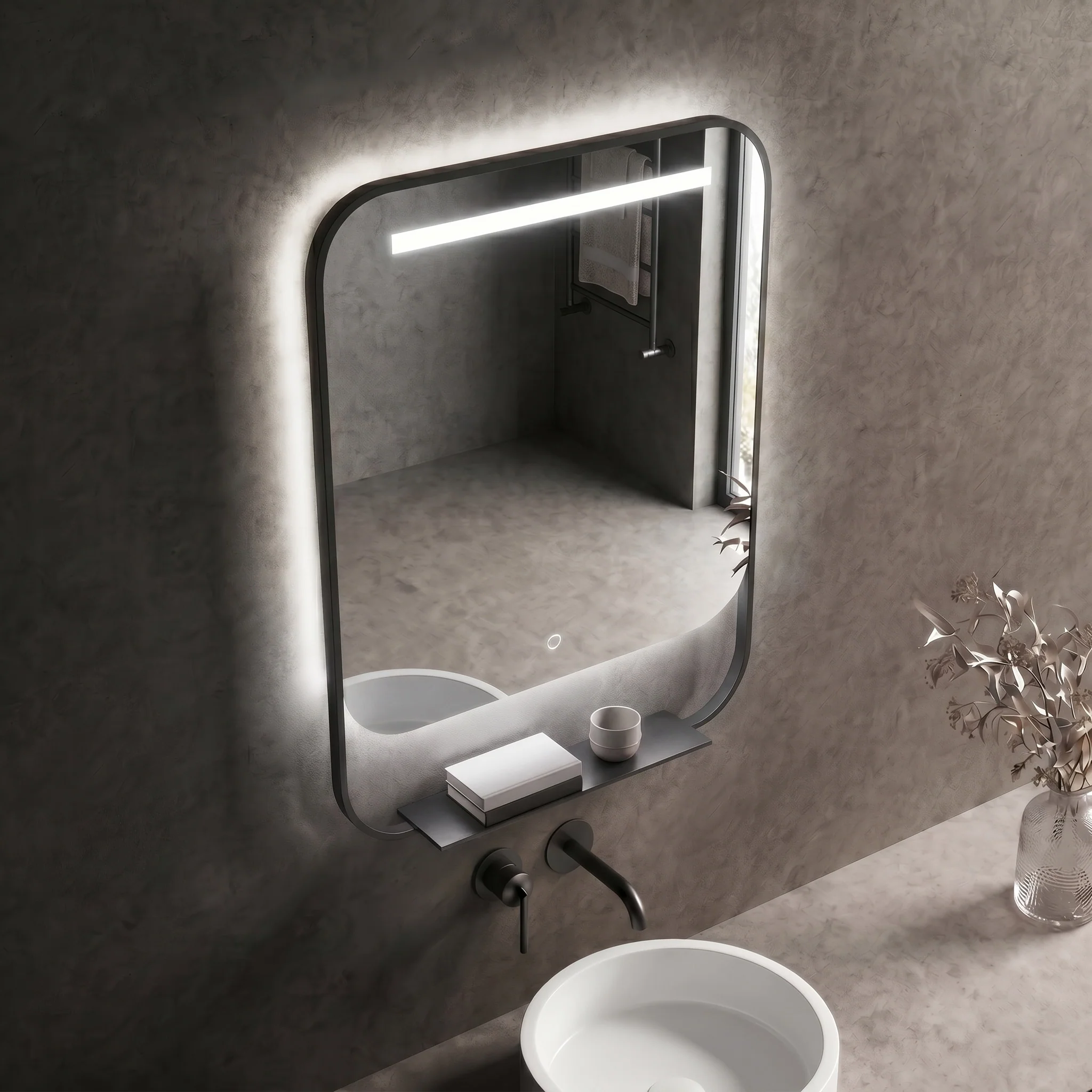 Rourke LED Mirror with Shelf 3 Rourke LED Mirror with Shelf