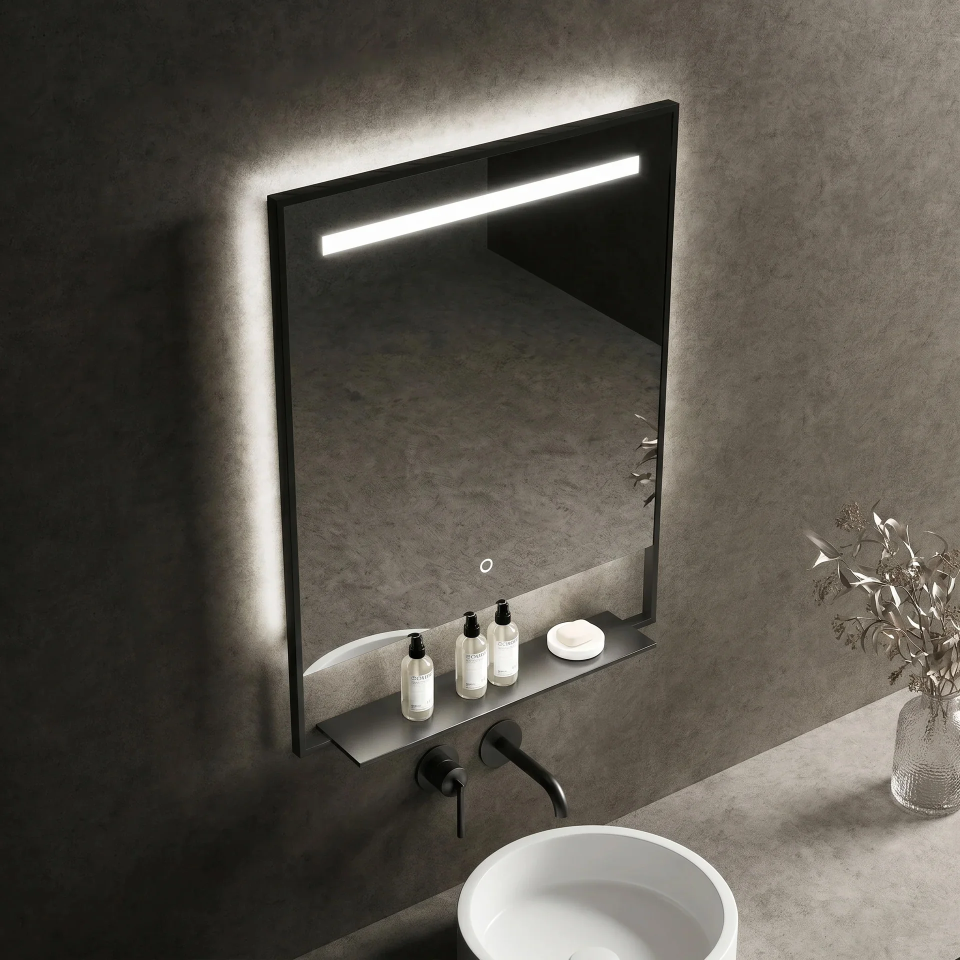 Rourke LED Mirror with Shelf 9 Rourke LED Mirror with Shelf